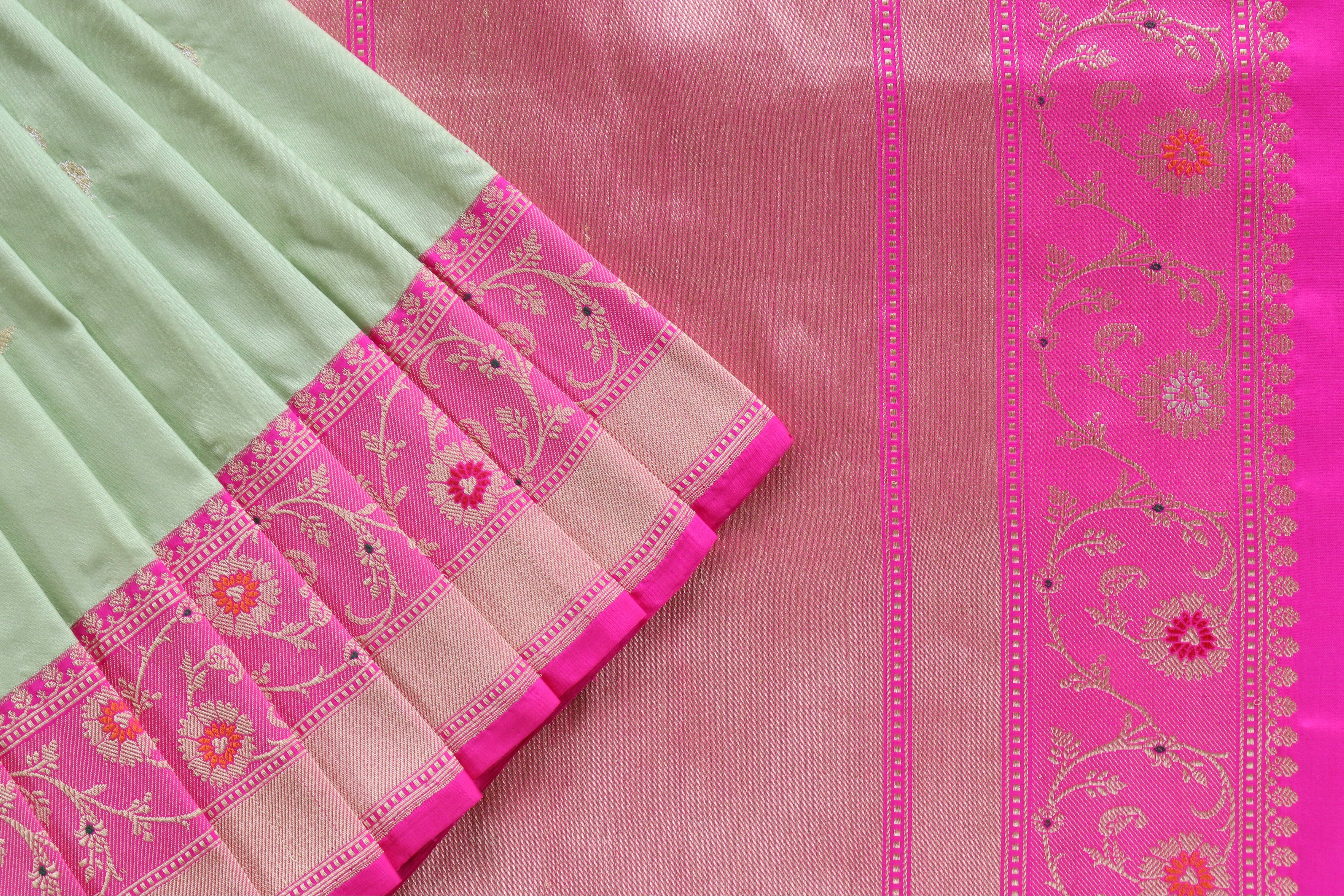 Pistachio Green and Rani Pink Sona Rupa Motif Pure Silk Handloom Banarasi Saree