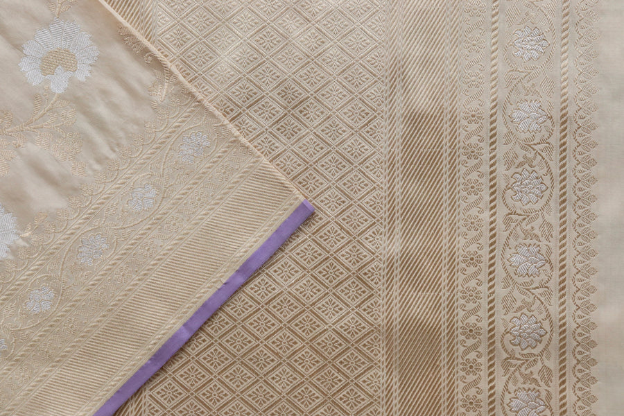 Cream Zig Zag Jangla Pure Silk Banarasi Saree | Stuti Weaves