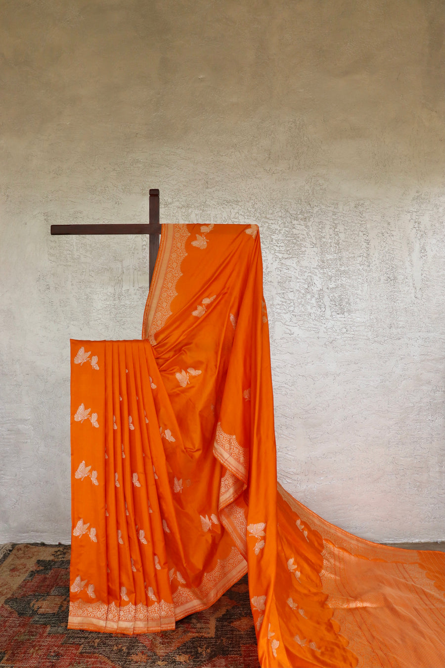 Saffron Butterfly Motif Silk Banarasi Saree | Stuti Weaves