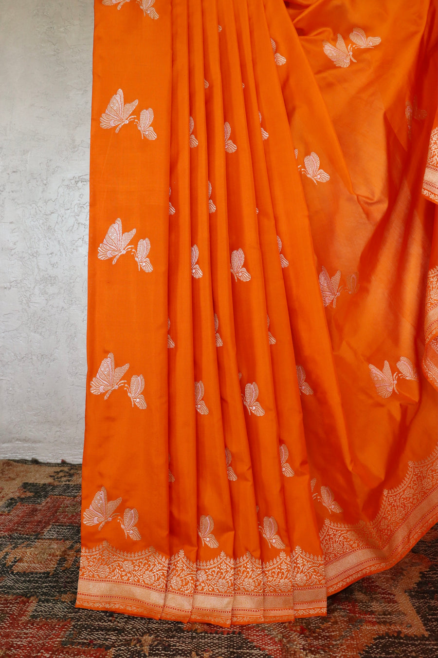 Saffron Butterfly Motif Silk Banarasi Saree | Stuti Weaves