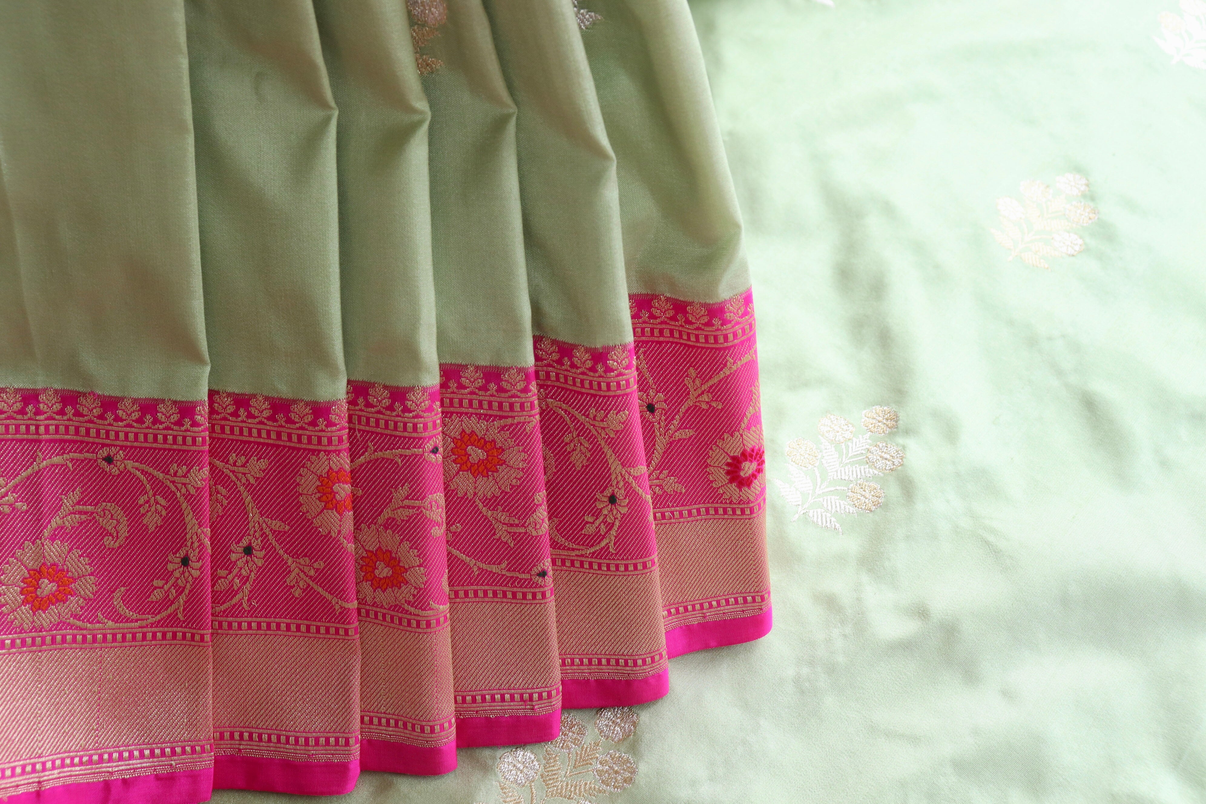 Pistachio Green and Rani Pink Sona Rupa Motif Pure Silk Handloom Banarasi Saree