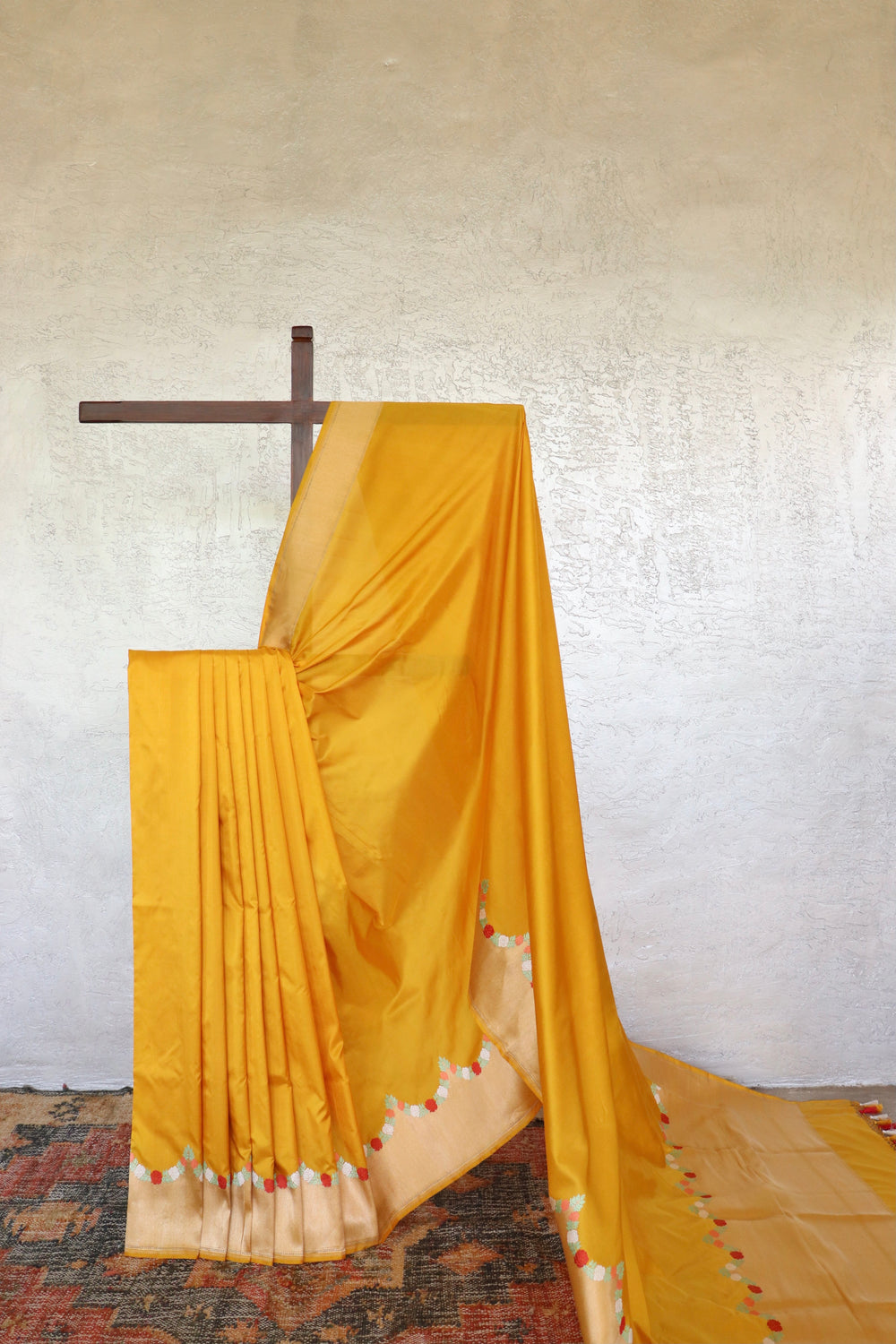 Yellow handloom Banarsi saree with floral motifs in pure silk