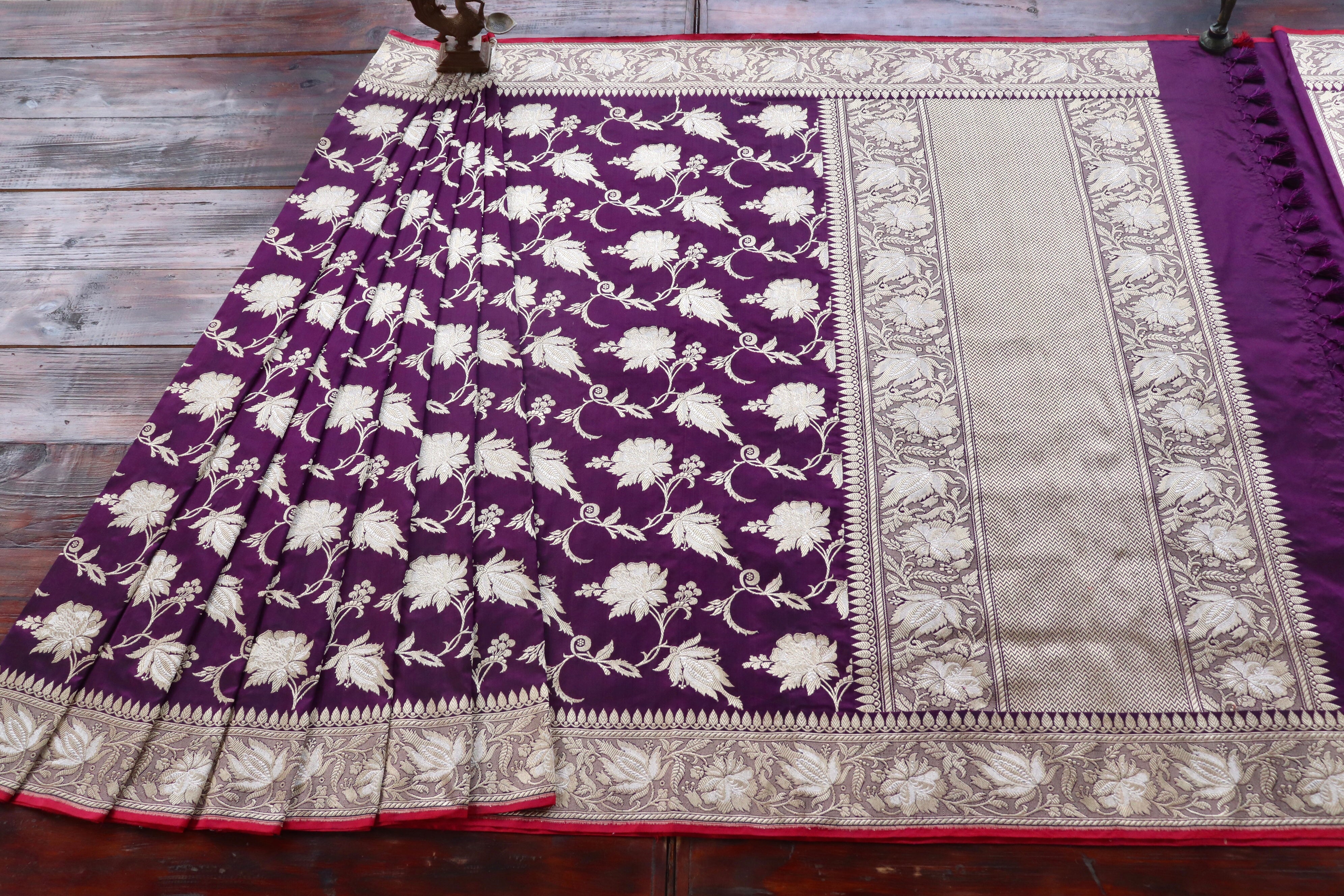 Plum Chinar Jangla Pure Silk Handloom Banarasi Saree
