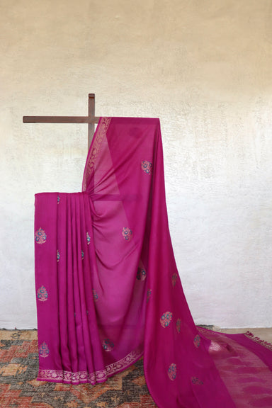 Purple handloom Banarsi saree with kadhua motifs in Munga silk