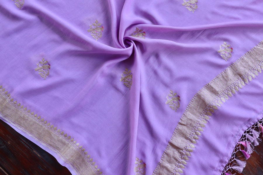 Lavender Kadhua Meenadar Bird Motif Georgette Silk Handloom Dupatta
