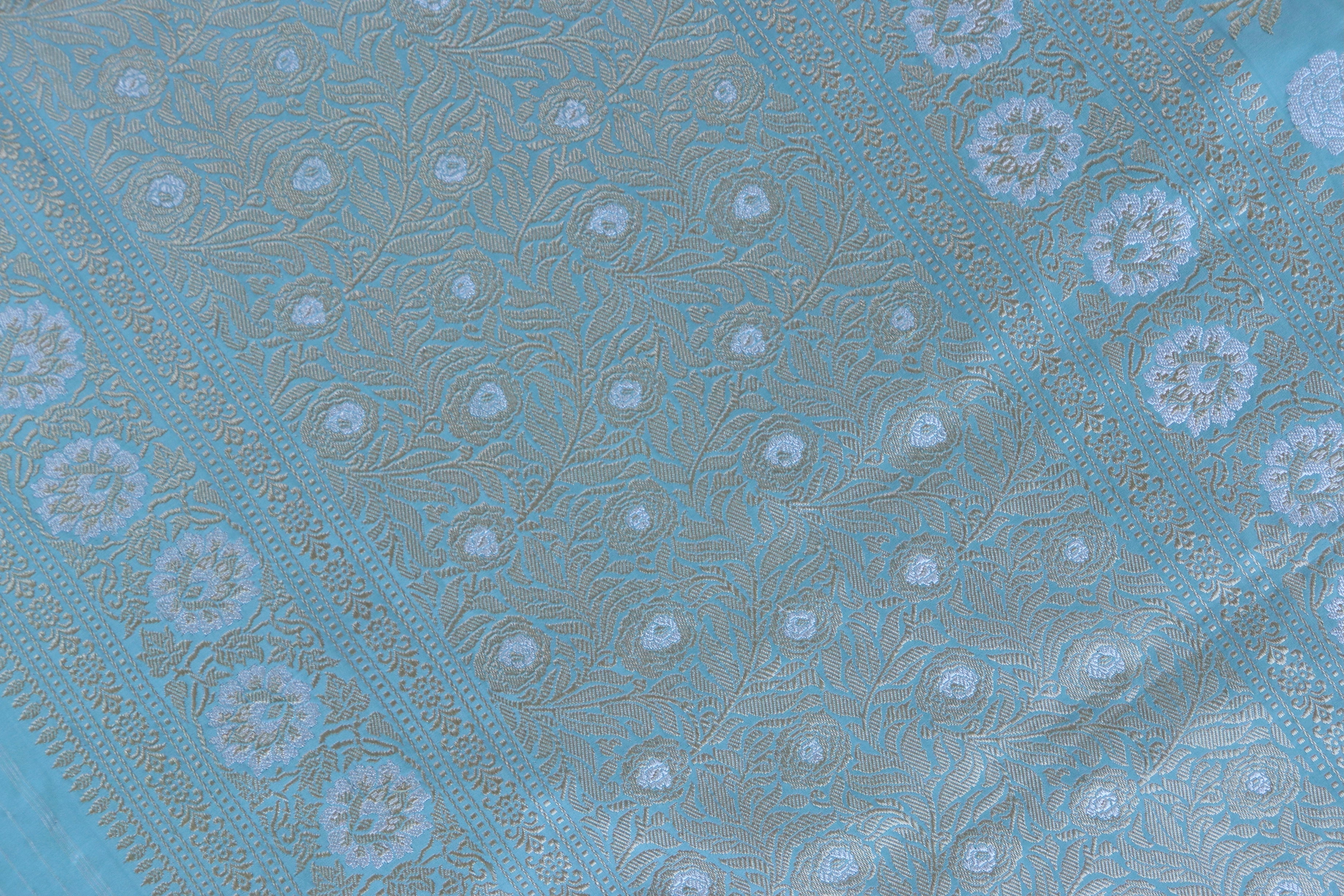 Sky Blue Meenadar Jangla Pure Silk Handloom Banarasi Saree