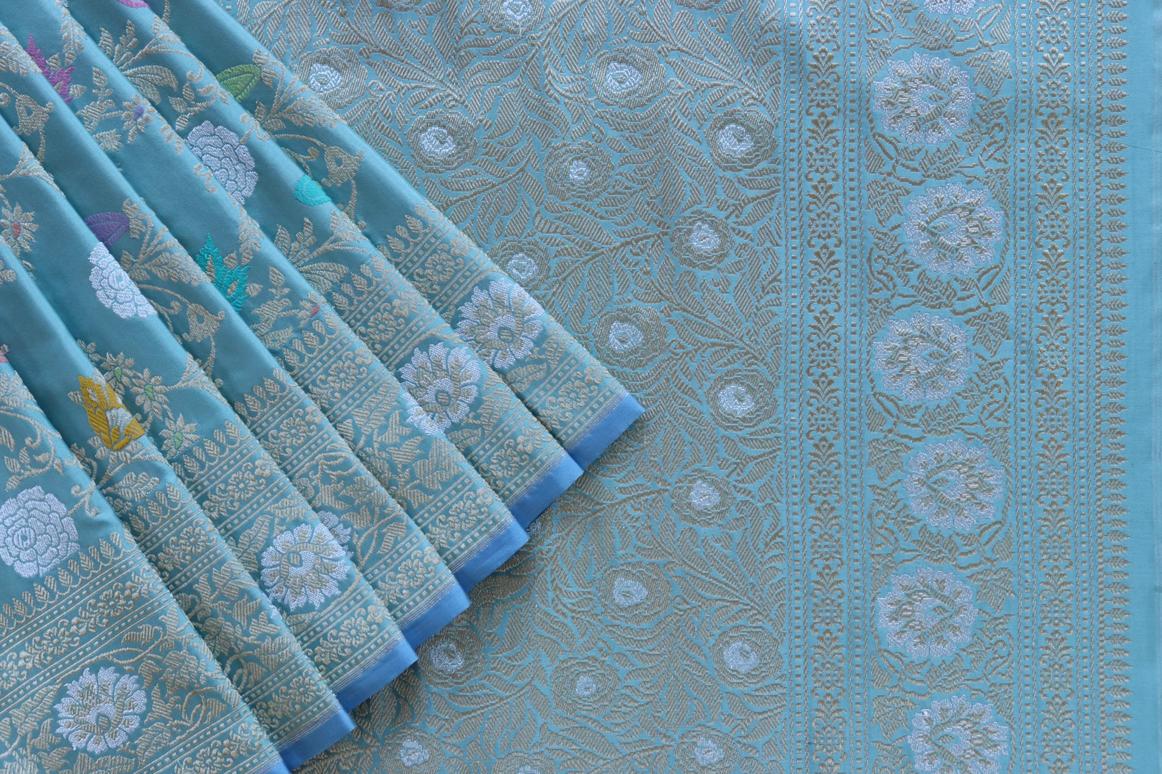 Sky Blue Meenadar Jangla Pure Silk Handloom Banarasi Saree