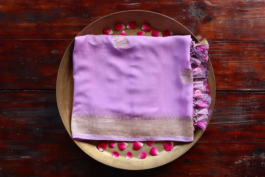 Lavender Kadhua Meenadar Bird Motif Georgette Silk Handloom Dupatta
