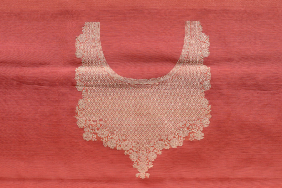 Peach Zari Yoke Silk Handloom Banarasi Suit Set