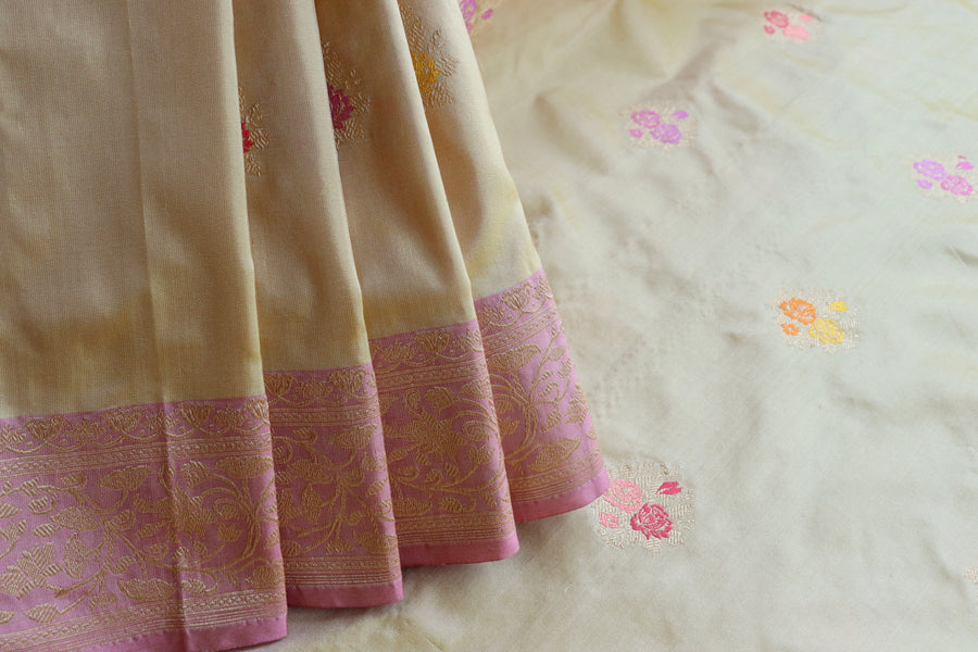 Pallu detail of Cream Motif Katan silk Banarasi saree