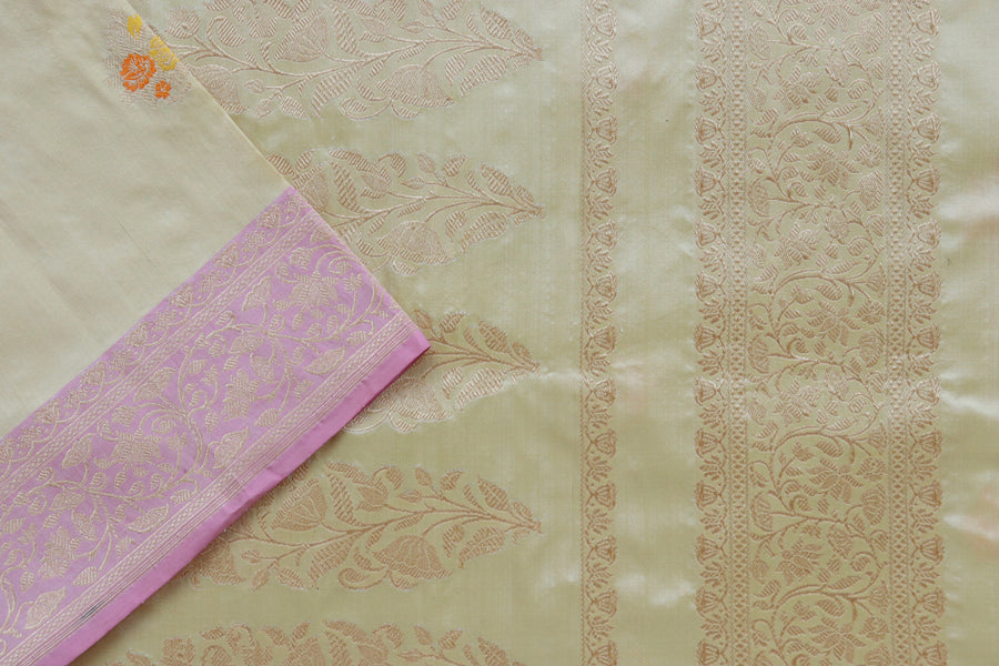 Full drape of Cream Motif pure Katan silk Banarasi saree