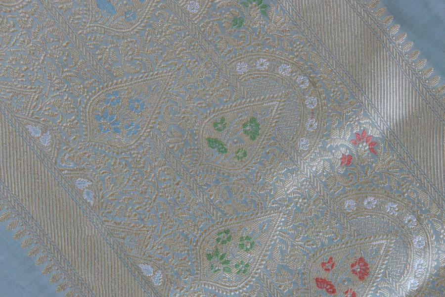 Aanchal motif on Pink with Sky Blue Tissue Kadiyal saree