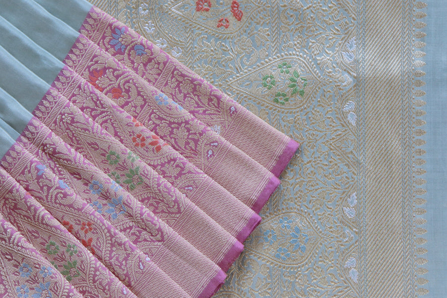 Pleat detail of Pink with Sky Blue Tissue Kadiyal saree