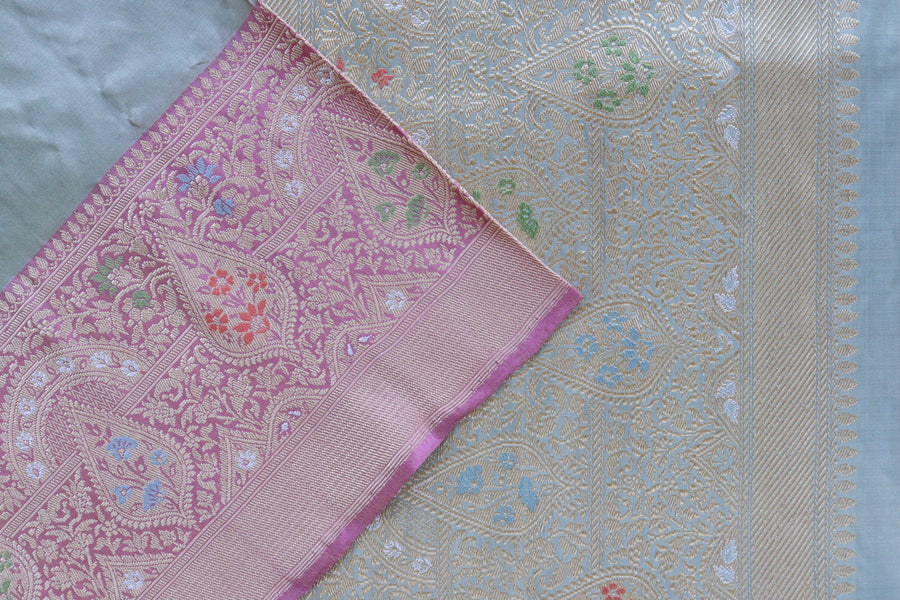 Full drape of Pink with Sky Blue Tissue Meenadar Kadiyal Banarasi saree