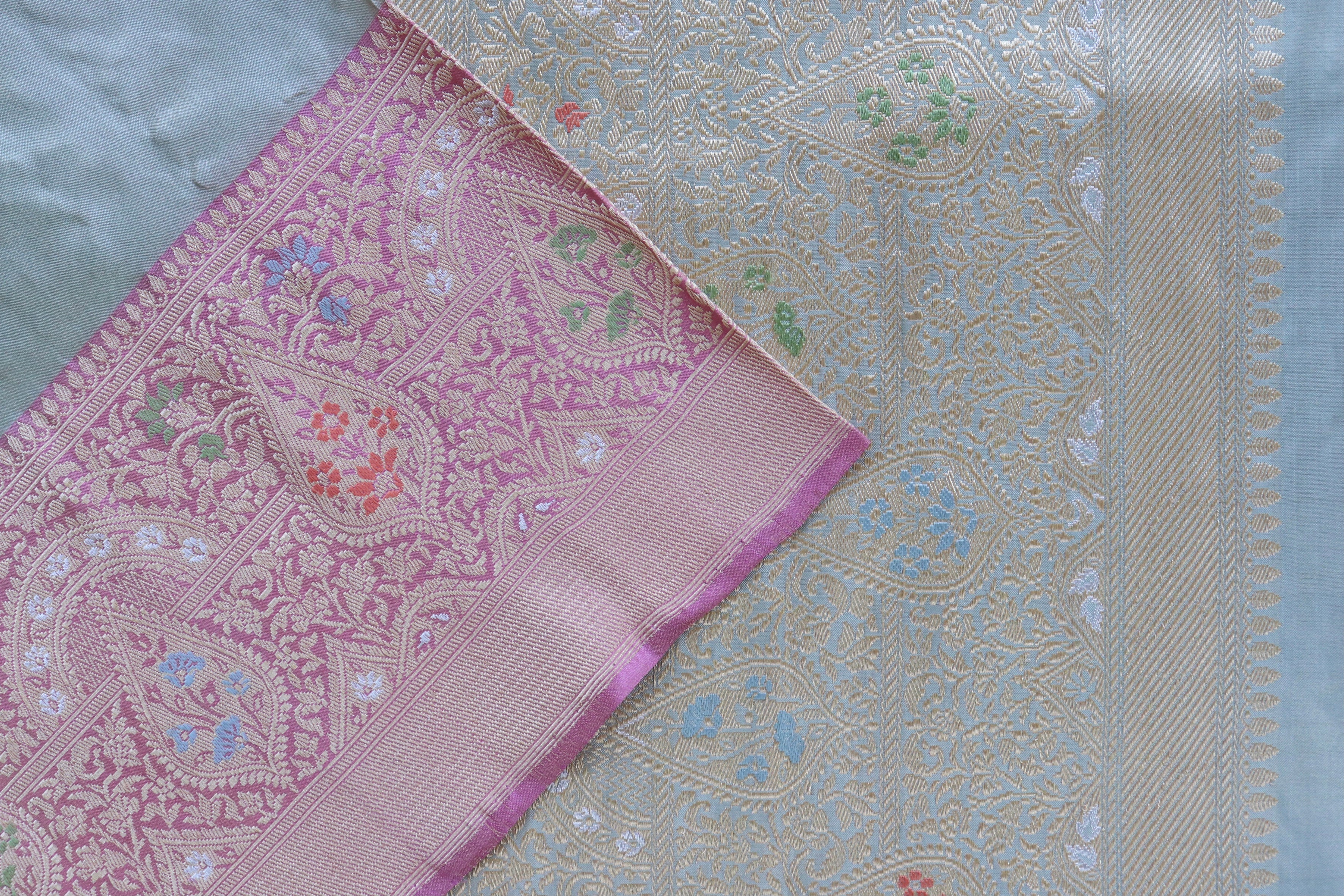 Pink With Sky Blue Tissue With Meenadar Silk Kadiyal Banarasi Saree