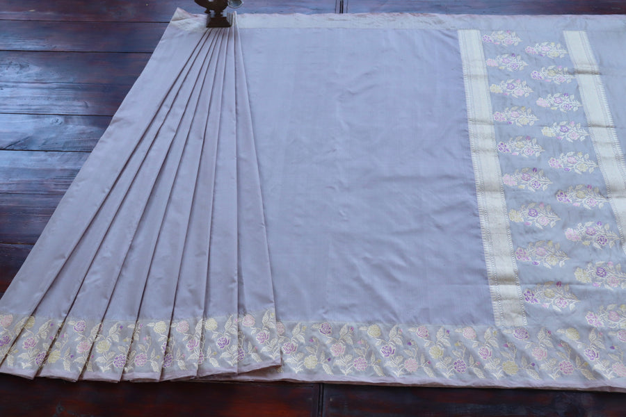 Border close-up on Grey Kadhua Katan Banarasi saree