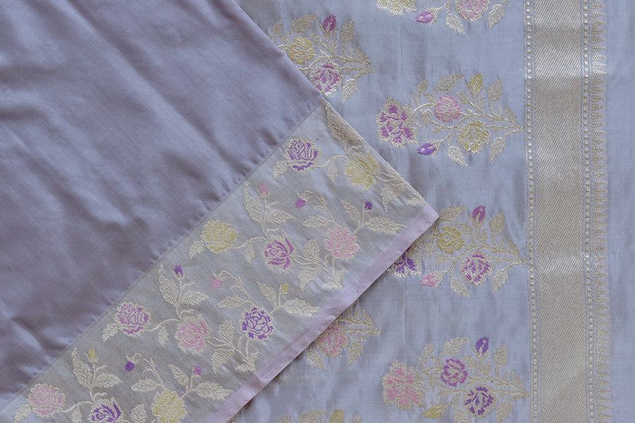 Full drape of Grey Kadhua pure Katan silk Banarasi saree