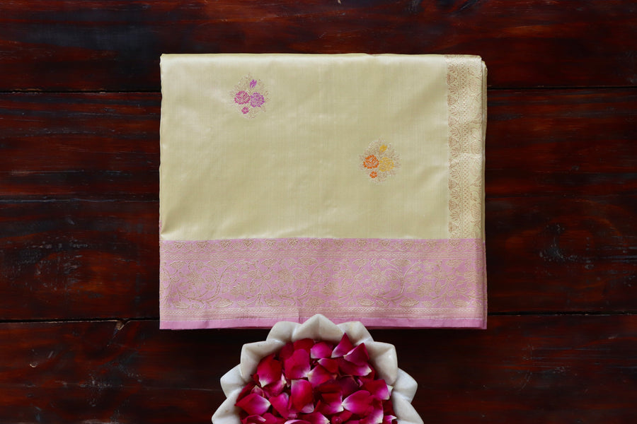 Cream handloom Banarsi saree in pure Katan silk