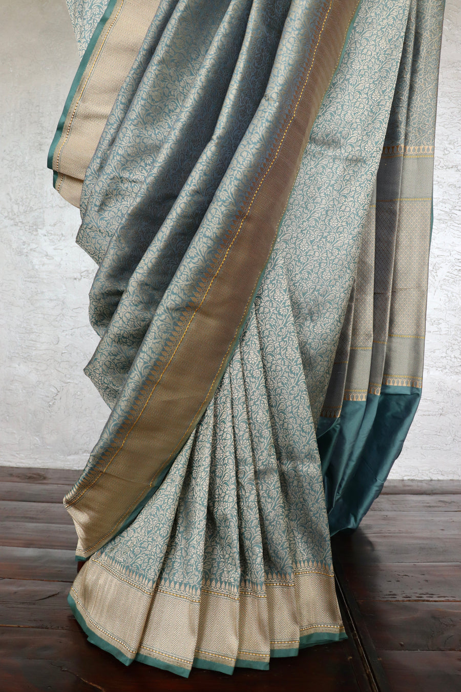 Slate Blue Brocade Jaal Pure Silk Handloom Banarasi Saree