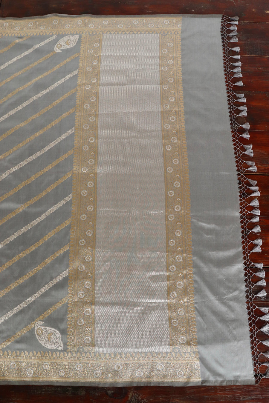 Dove - Grey Aada Jangla Pure Katan Silk Banarasi Saree