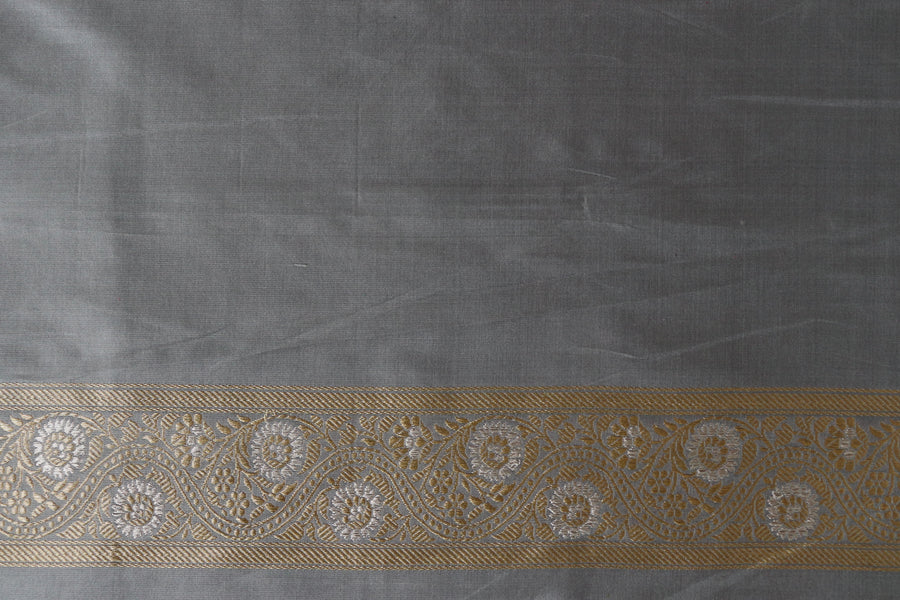 Dove - Grey Aada Jangla Pure Katan Silk Banarasi Saree