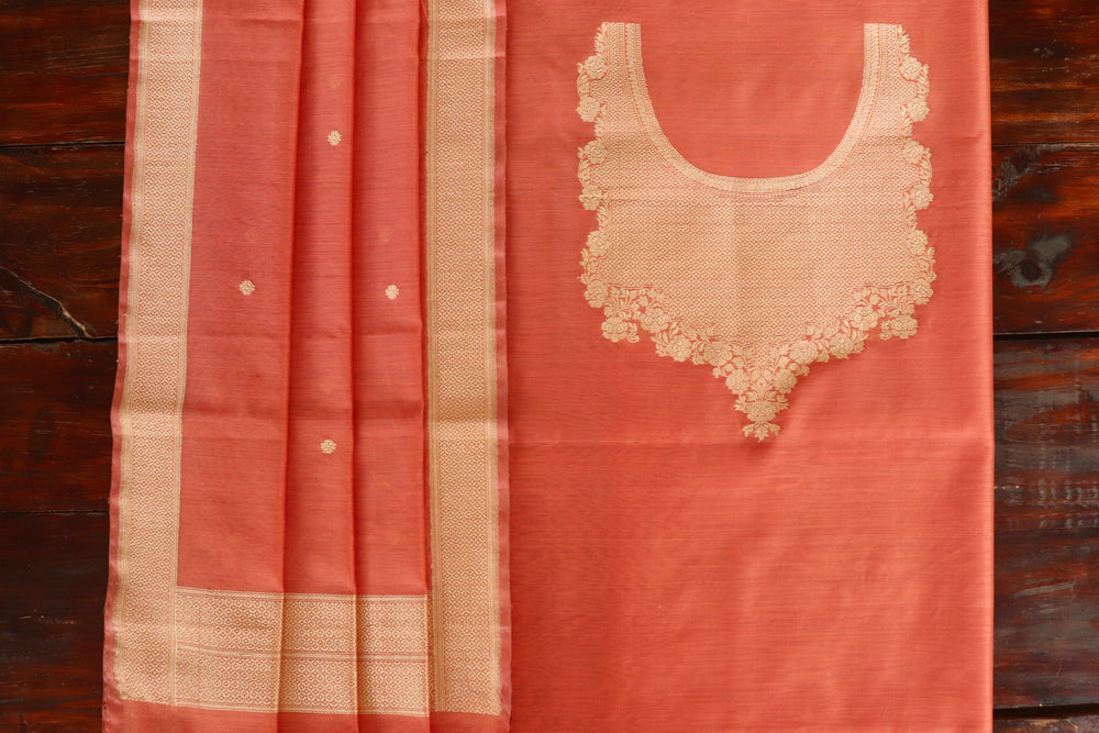Peach Zari Yoke Silk Handloom Banarasi Suit Set