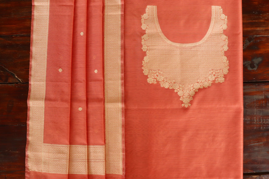 Peach Zari Yoke Silk Handloom Banarasi Suit Set