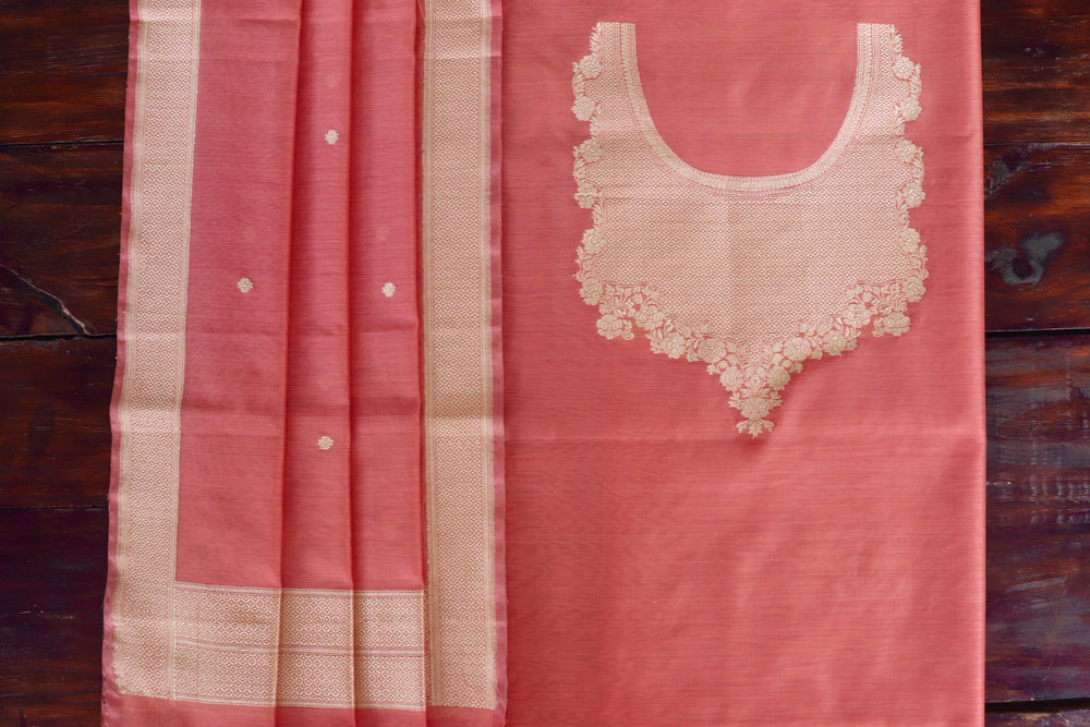 Peach Zari Yoke Silk Banarsi Suit Set | Stuti Weaves