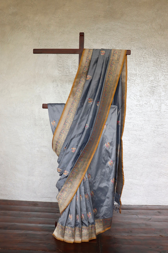 Grey Bird Motif Kadhua Pure Silk Handloom Banarasi Saree