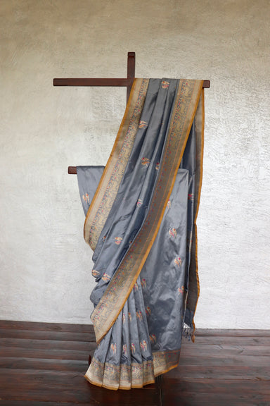 Grey handloom Banarsi saree with kadhua motifs in pure silk