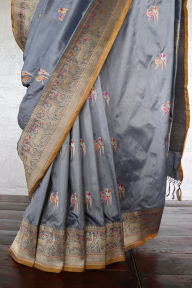 Grey Bird Motif Kadhua Pure Silk Banarsi Saree | Stuti Weaves