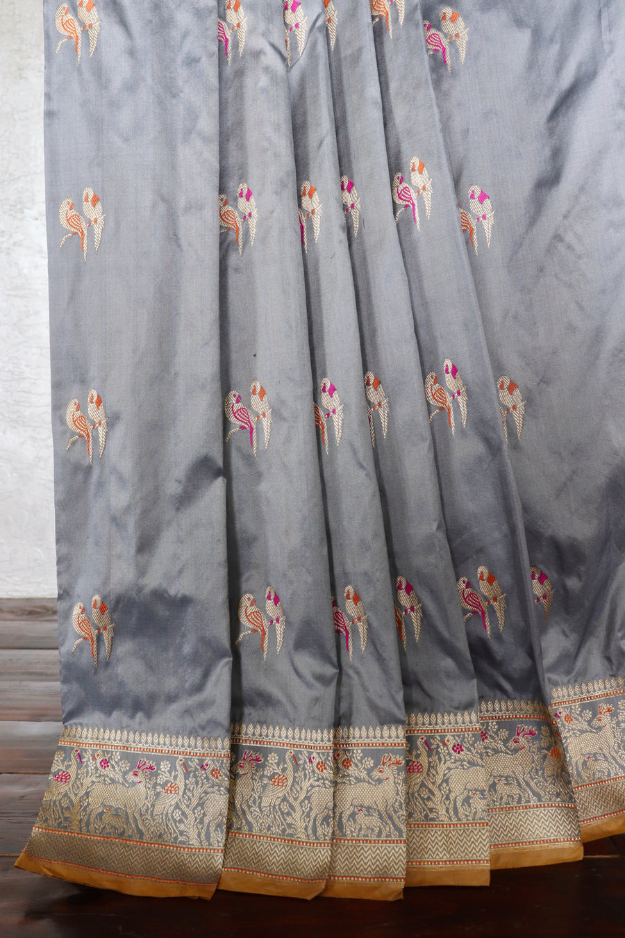 Grey Bird Motif Kadhua Pure Silk Handloom Banarasi Saree