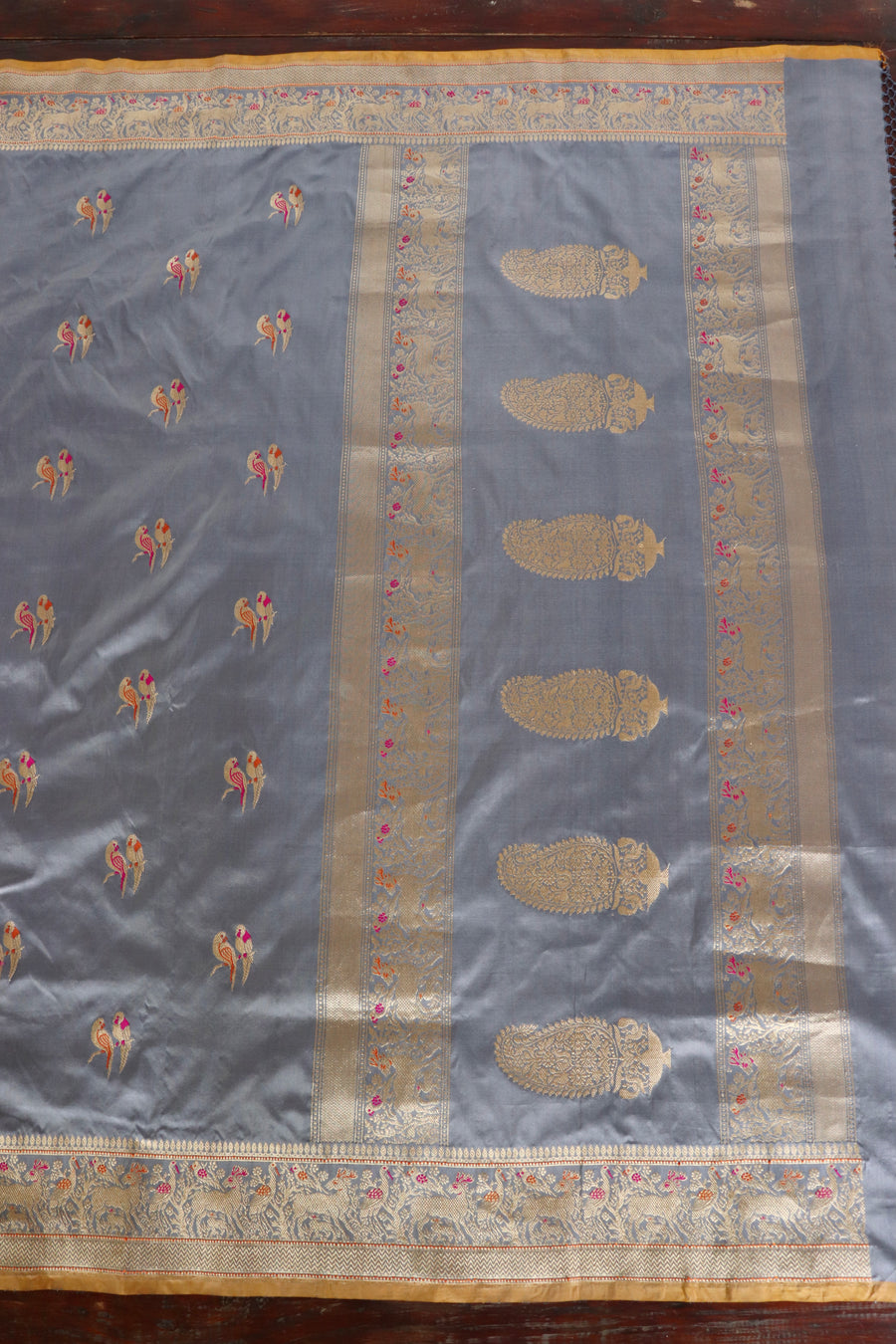 Grey Bird Motif Kadhua Pure Silk Handloom Banarasi Saree