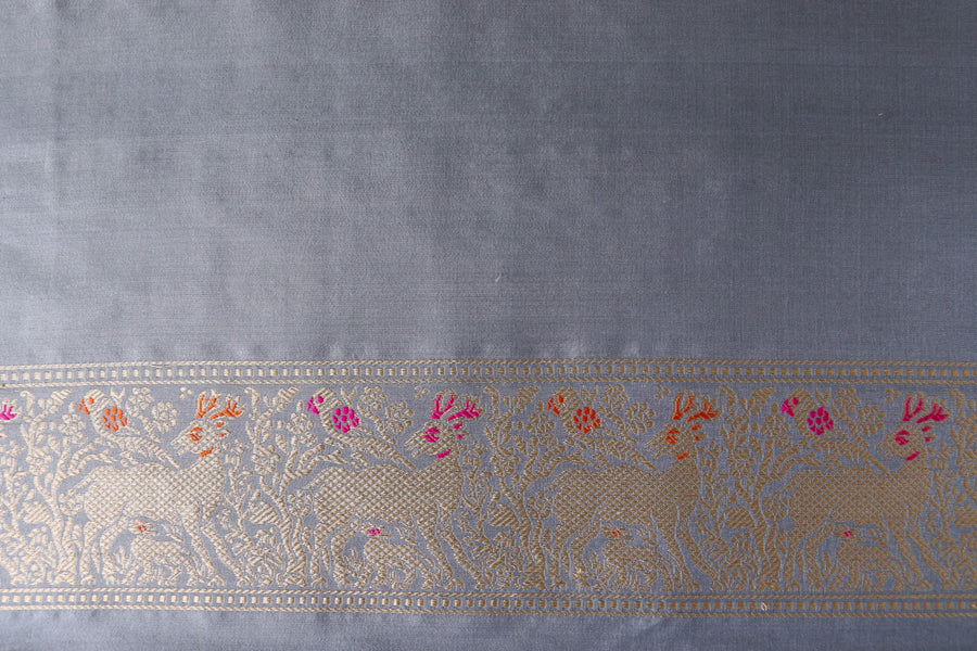 Grey Bird Motif Kadhua Pure Silk Handloom Banarasi Saree