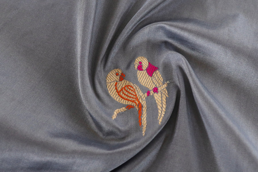 Grey Bird Motif Kadhua Pure Silk Handloom Banarasi Saree