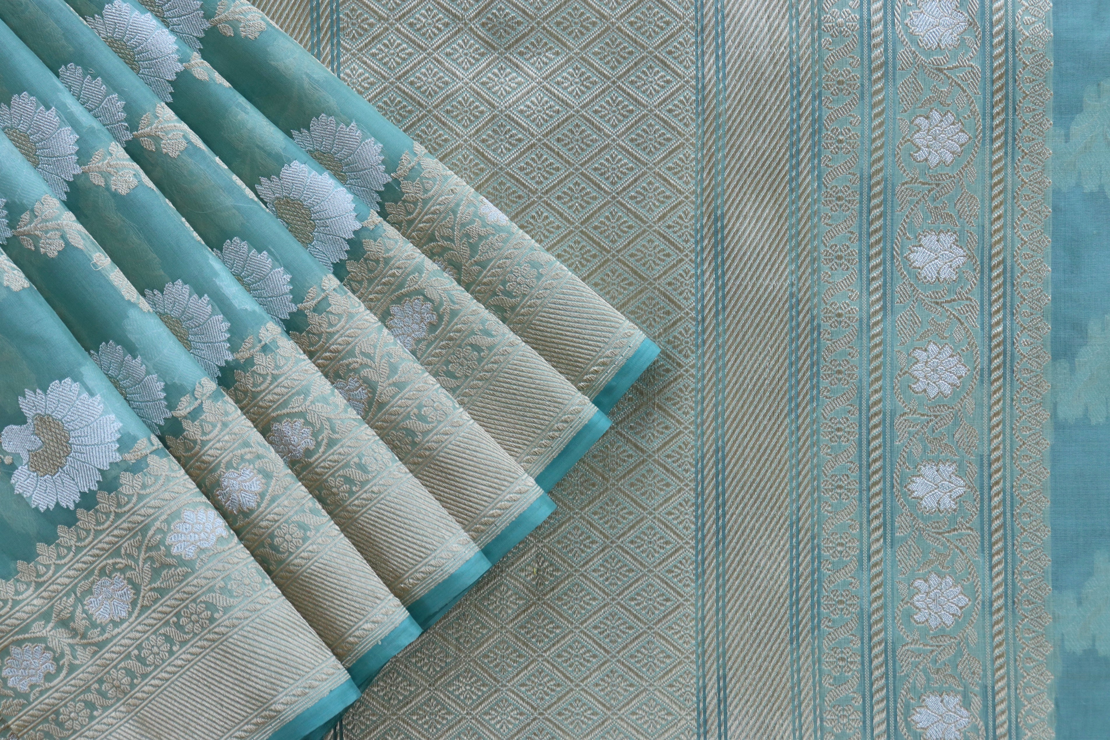 Sea Blue Zig Zag Jangla Pure Silk Handloom Banarasi Saree