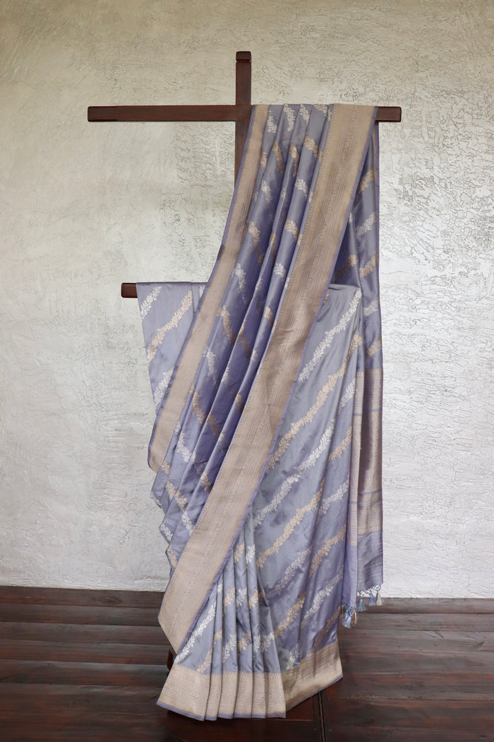Lavender Grey Aada Jangla Pure Katan Silk Banarsi Saree