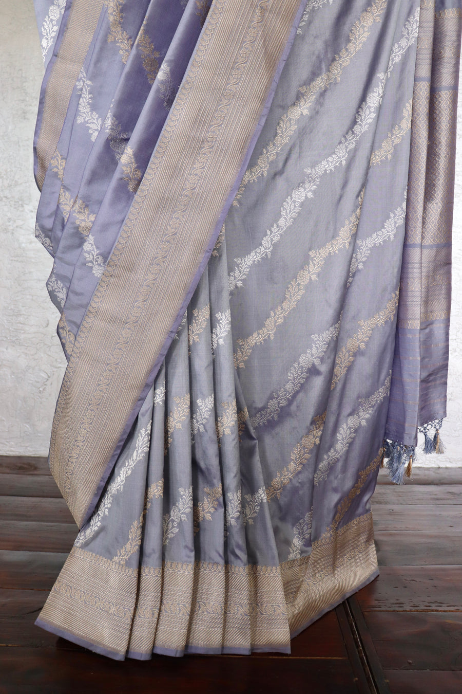 Lavender Grey Aada Jangla Pure Katan Silk Banarsi Saree