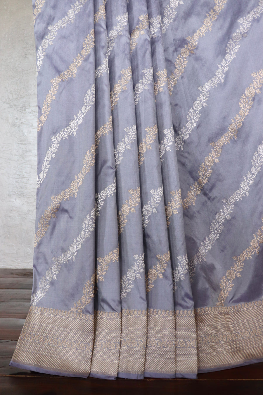 Lavender Grey Aada Jangla Pure Katan Silk Banarsi Saree