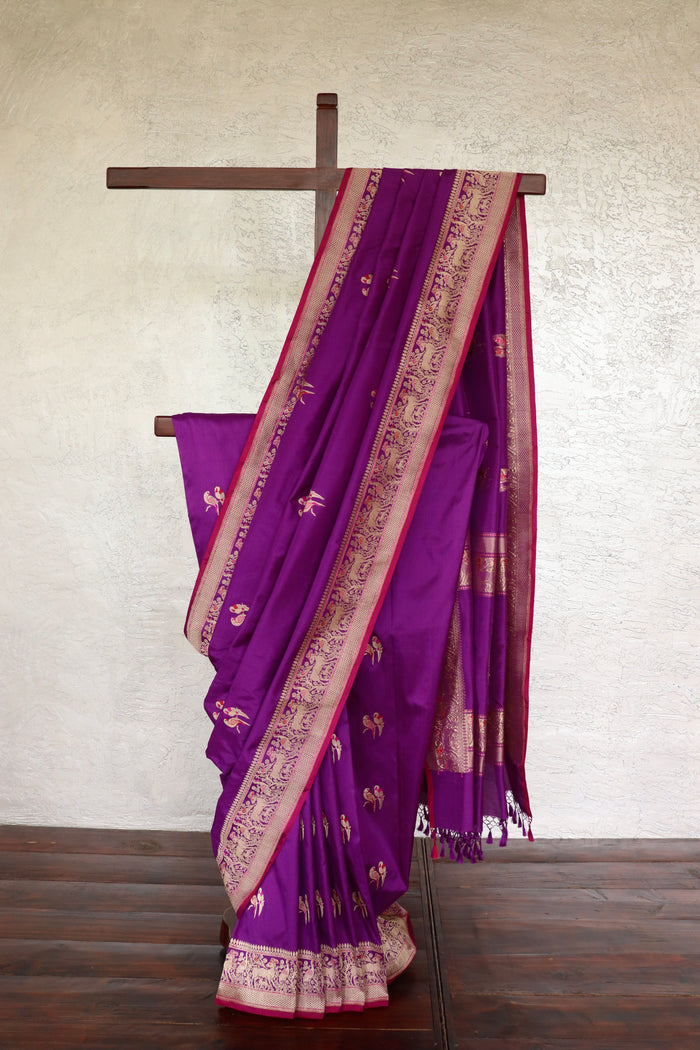 Purple Bird Motif Kadhua Pure Silk Handloom Banarasi Saree