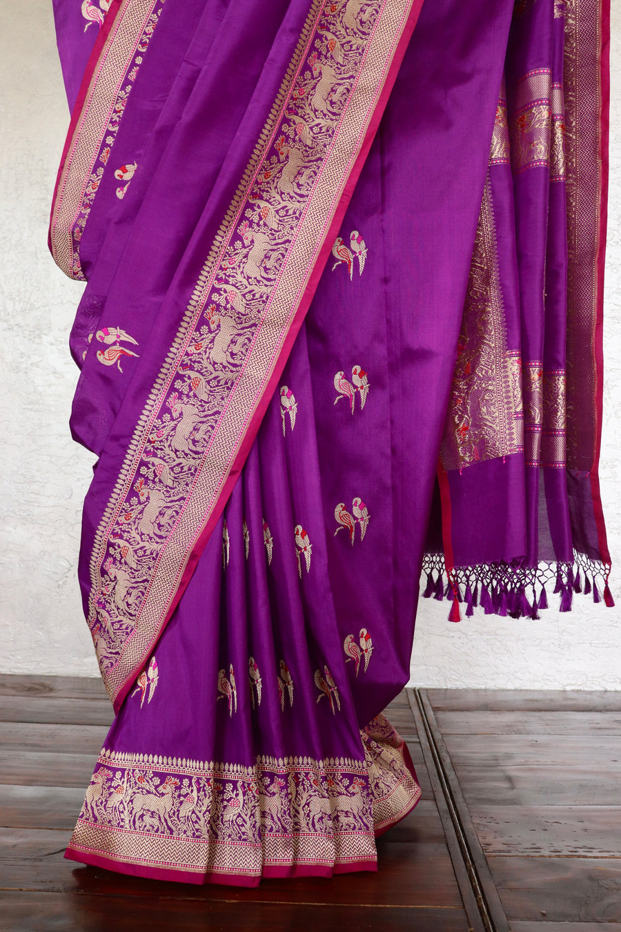 Purple Bird Motif Kadhua Pure Silk Handloom Banarasi Saree