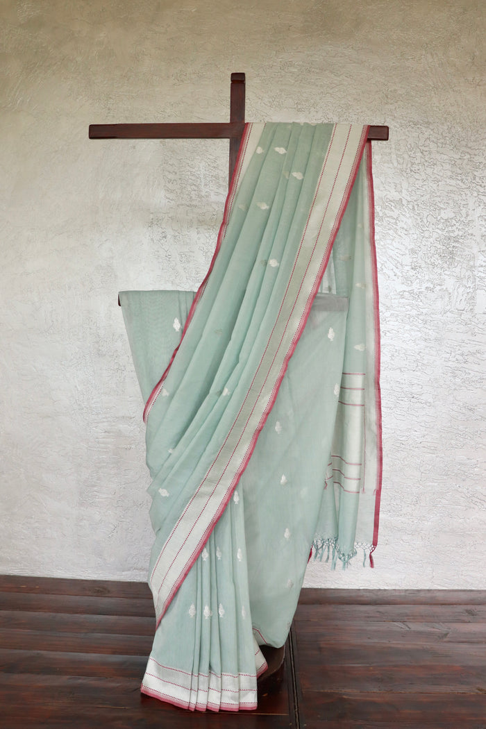 Mist Blue Silver Motif Cotton Kadhua Banarasi Handloom Saree