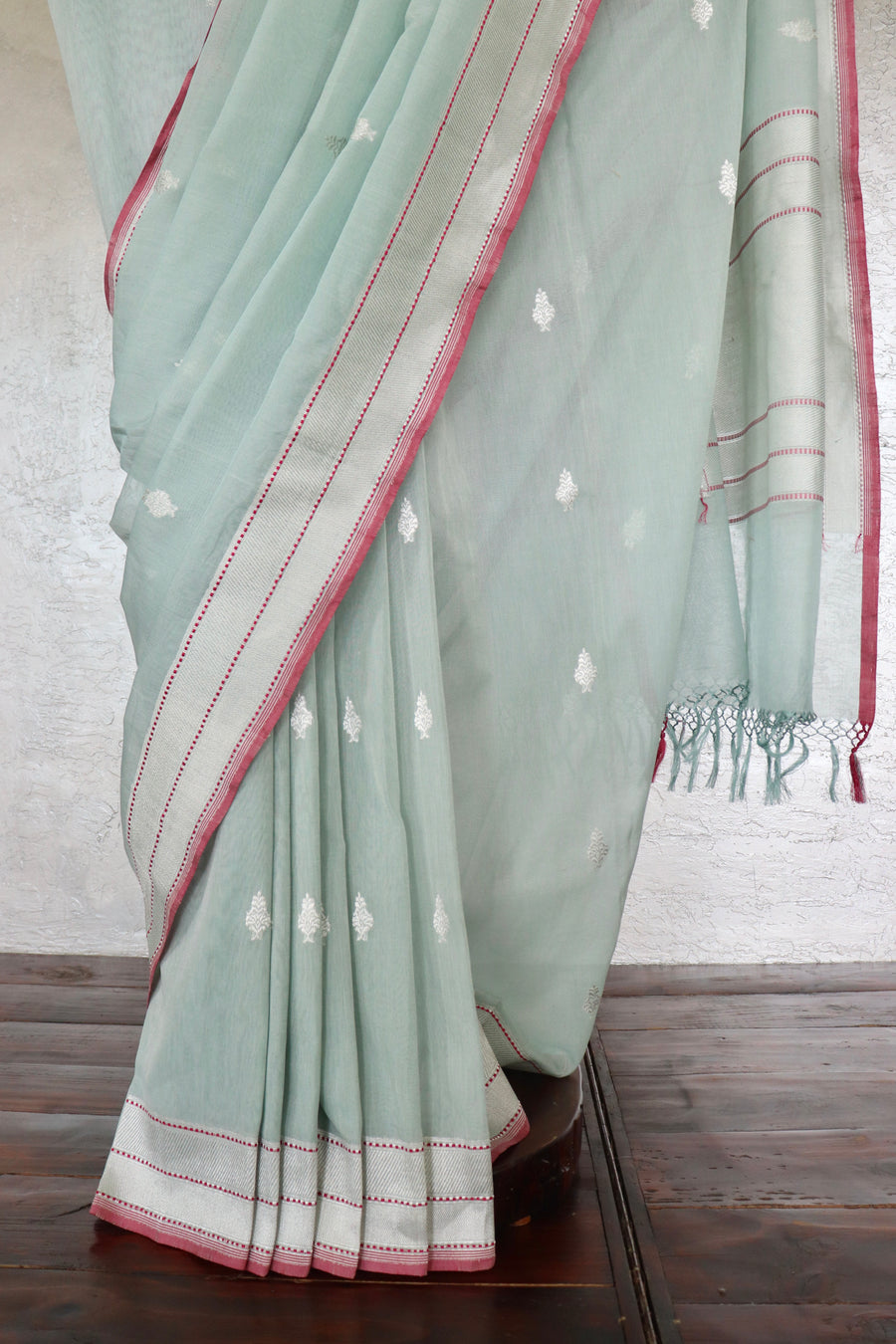 Mist Blue Silver Motif Cotton Kadhua Banarasi Handloom Saree