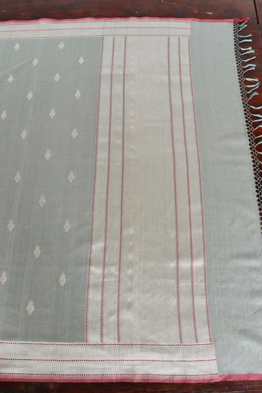 Mist Blue Silver Motif Cotton Kadhua Banarasi Handloom Saree