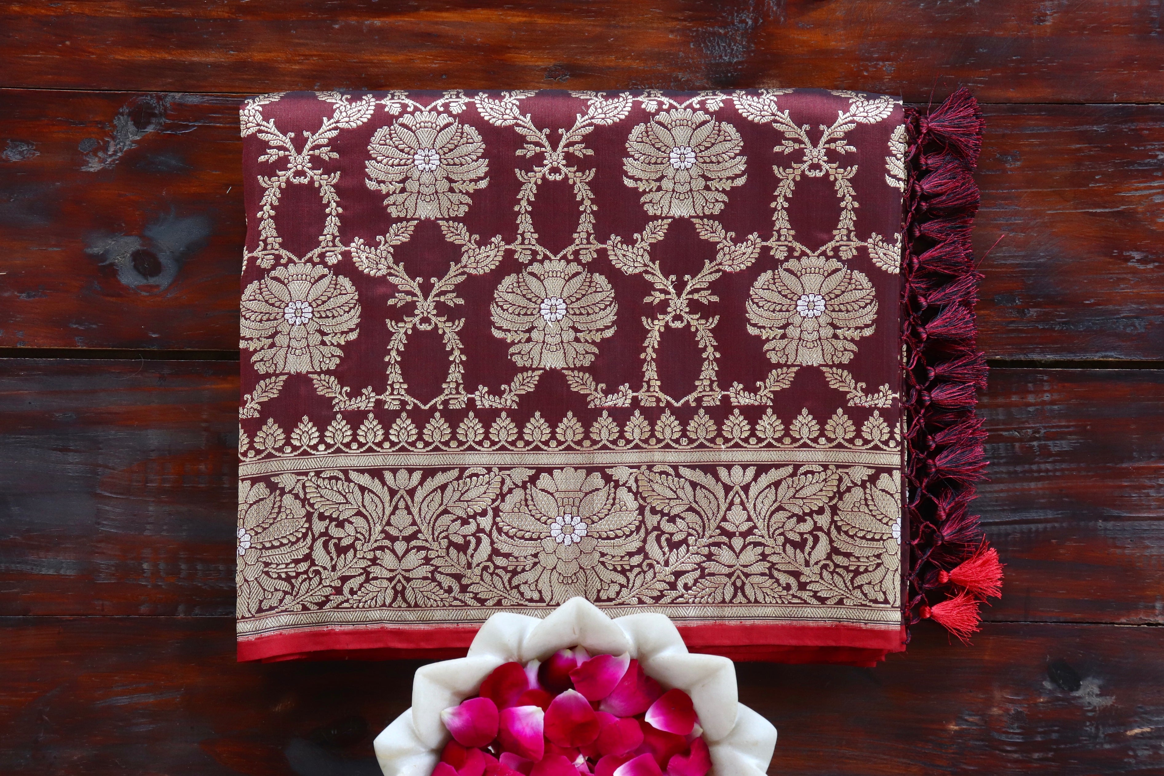 Maroon Chinar Jangla Pure Silk Handloom Banarasi Saree