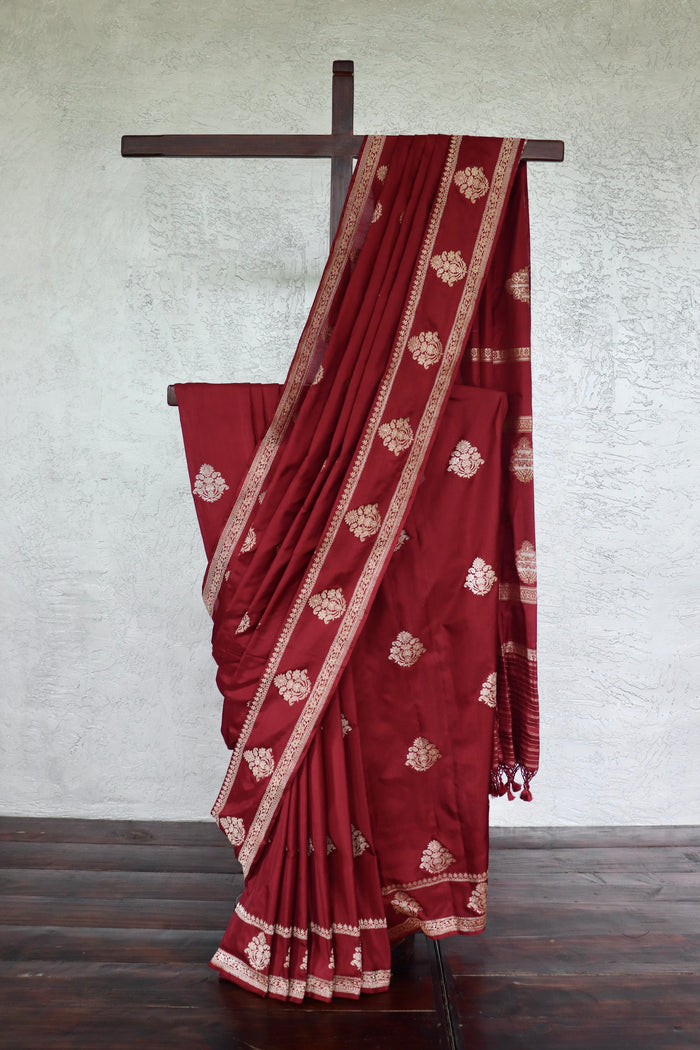 Maroon handloom Banarsi saree with kadhua motifs in pure silk