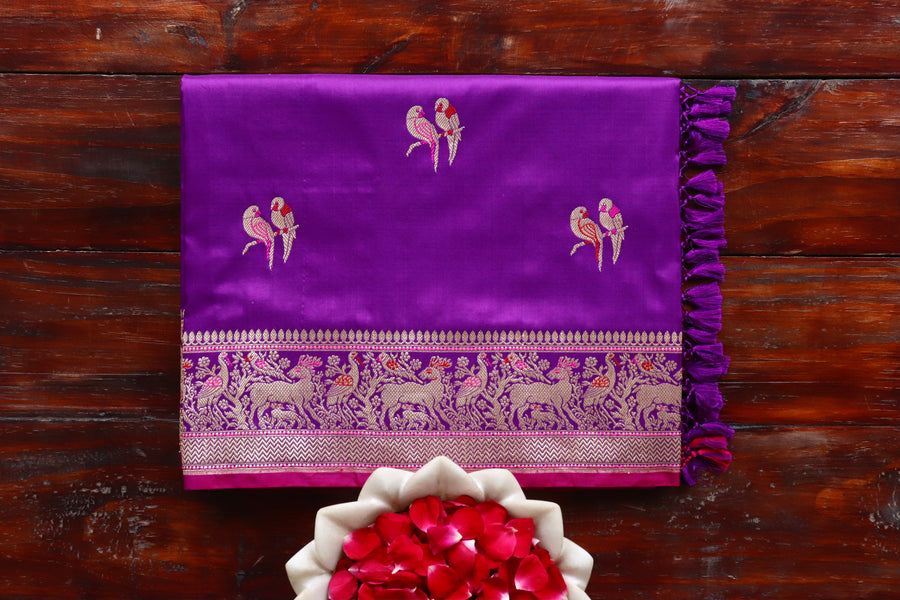 Purple handloom Banarsi saree with kadhua motifs in pure silk