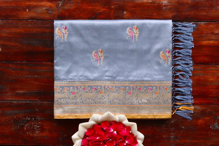 Grey Bird Motif Kadhua Pure Silk Handloom Banarasi Saree