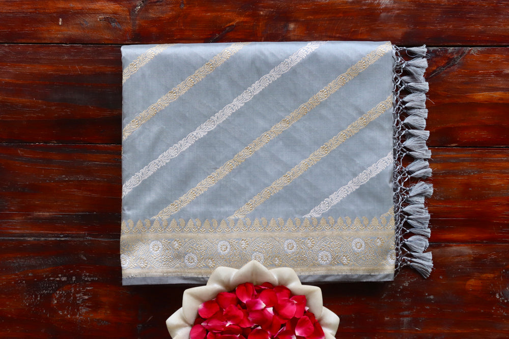Dove - Grey Aada Jangla Pure Katan Silk Banarasi Saree