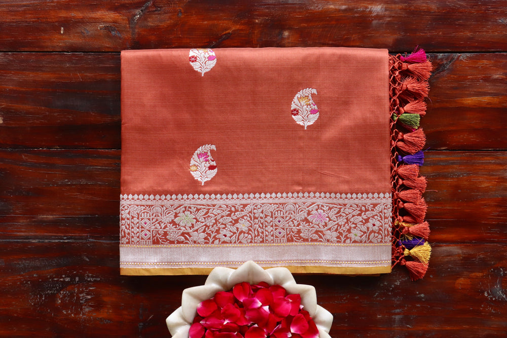 Rust Kairy Pure Silk Handloom Banarasi Saree